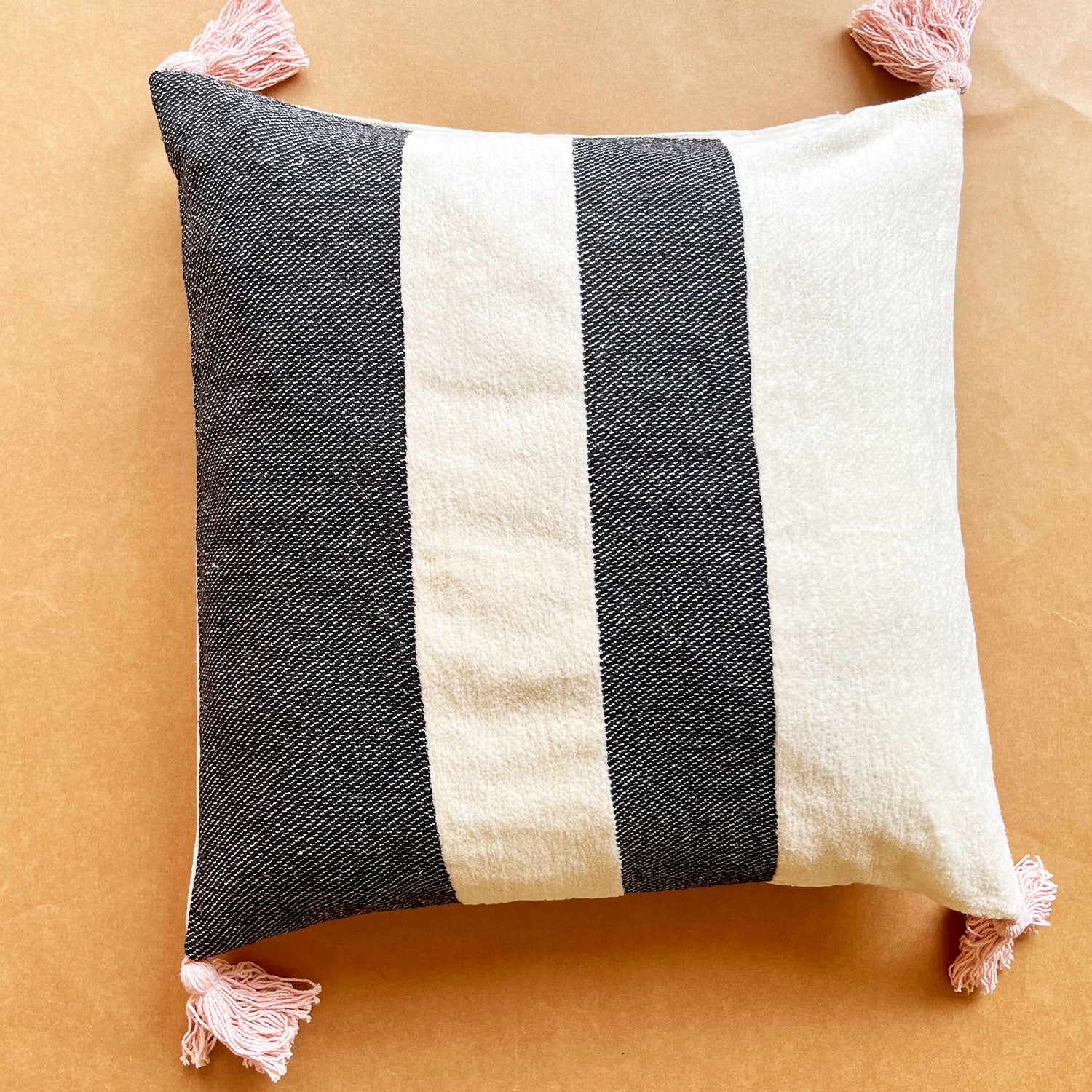 White & Black Pure Cotton Cushion Cover with Tassels- 18 x 18 inches