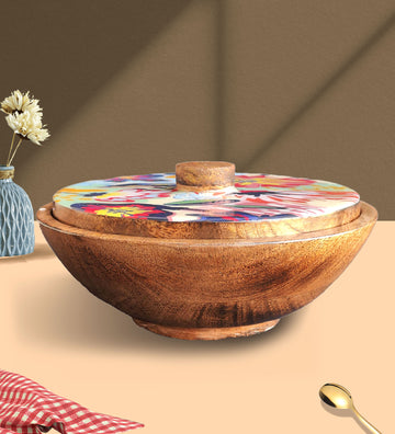 Abstract Floral Mango Wood Serving Bowl with Lid