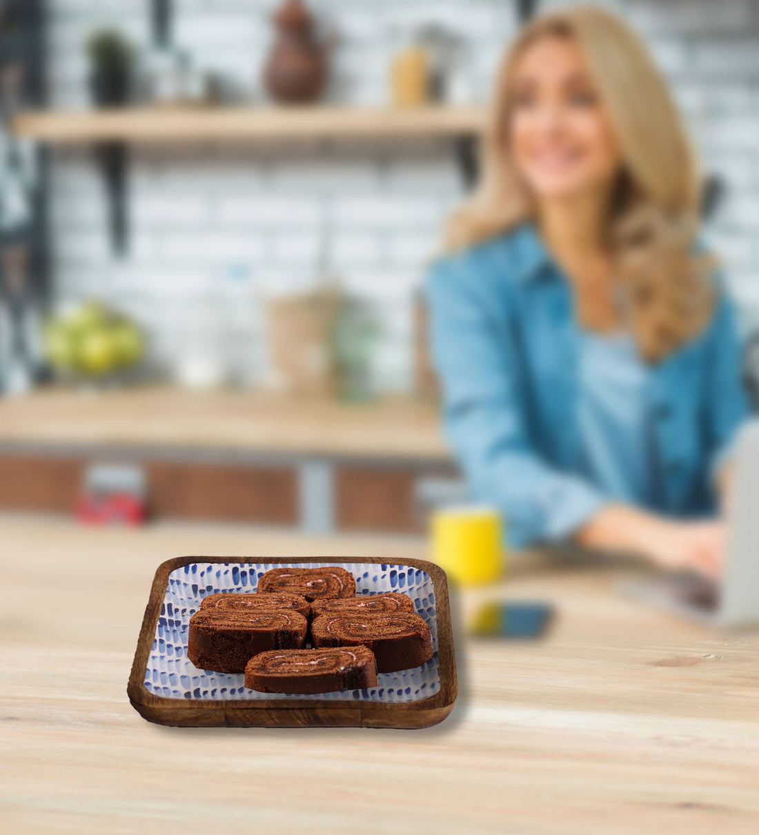 Brush Paint Blue Square Mango Wood Platter - 10 x 10 inches | Peacoy