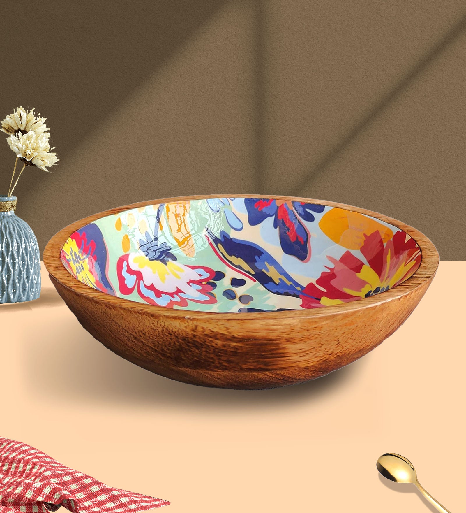 Abstract Floral Mango Wood Serving Salad Bowl