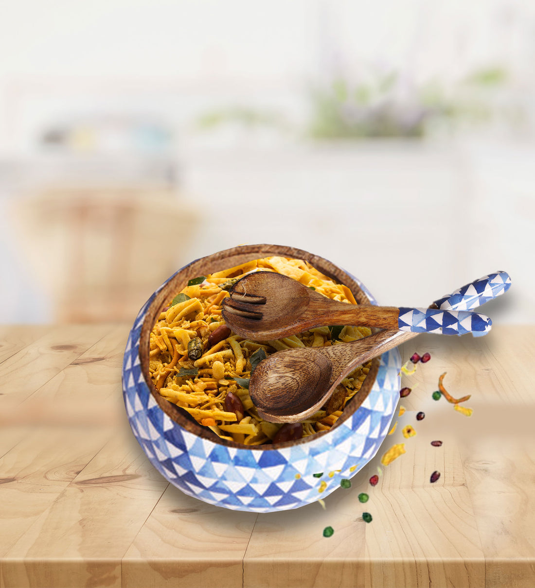 Triangle Maze Blue Mango Wood Salad Bowl With Server Set - 500 g | Peacoy