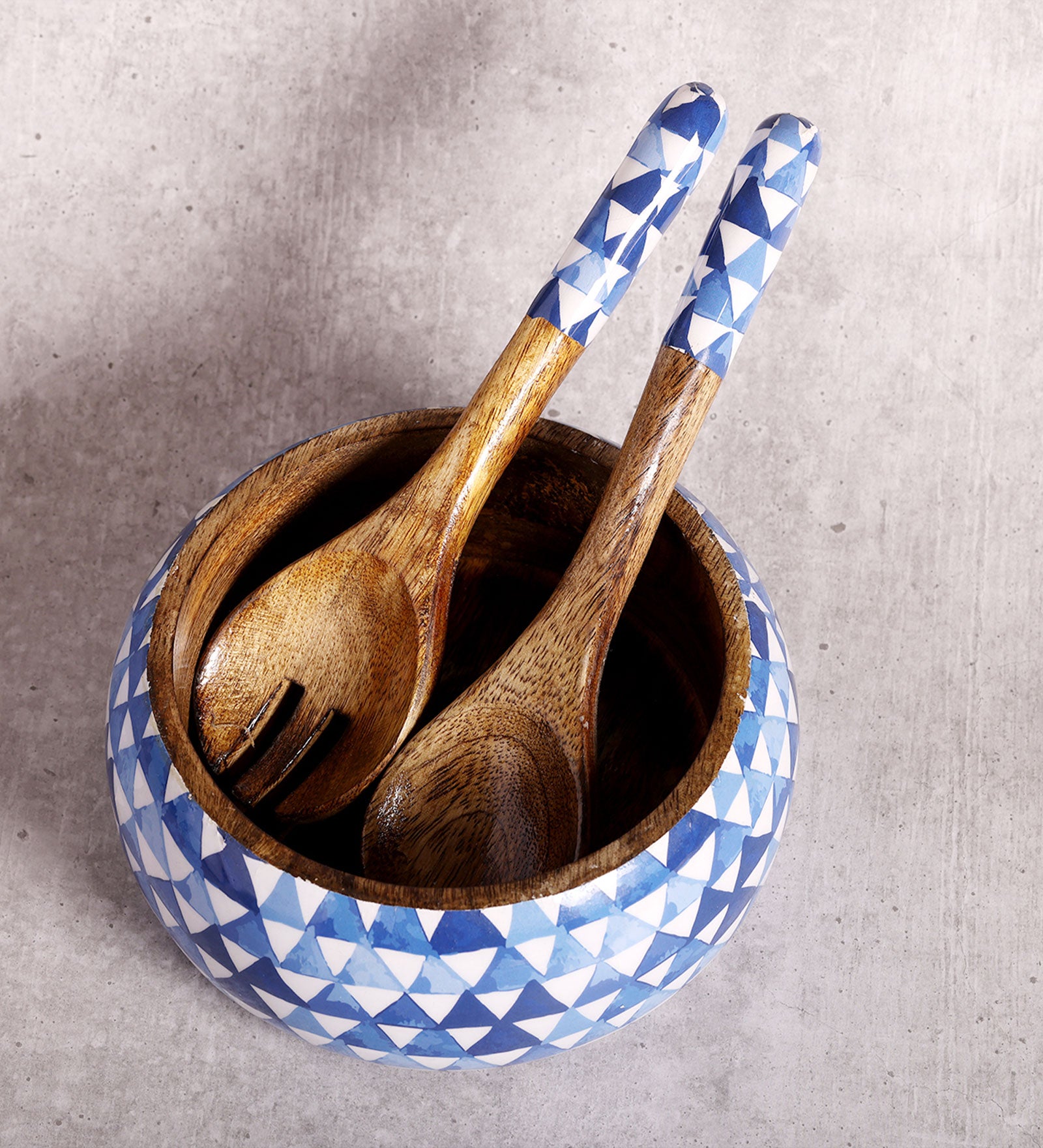 Triangle Maze Blue Mango Wood Salad Bowl With Server Set - 500 g | Peacoy
