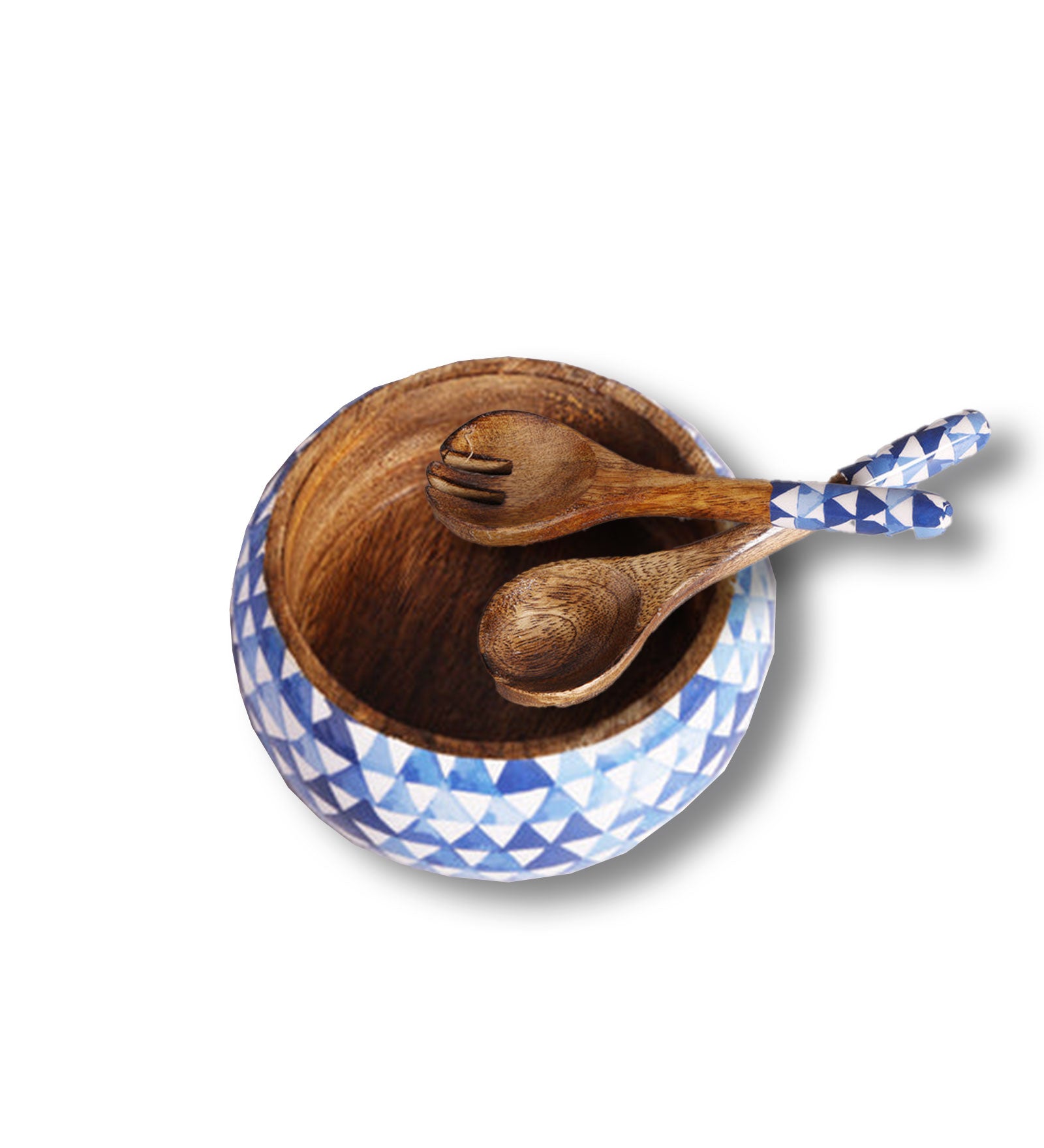 Triangle Maze Blue Mango Wood Salad Bowl With Server Set - 500 g | Peacoy