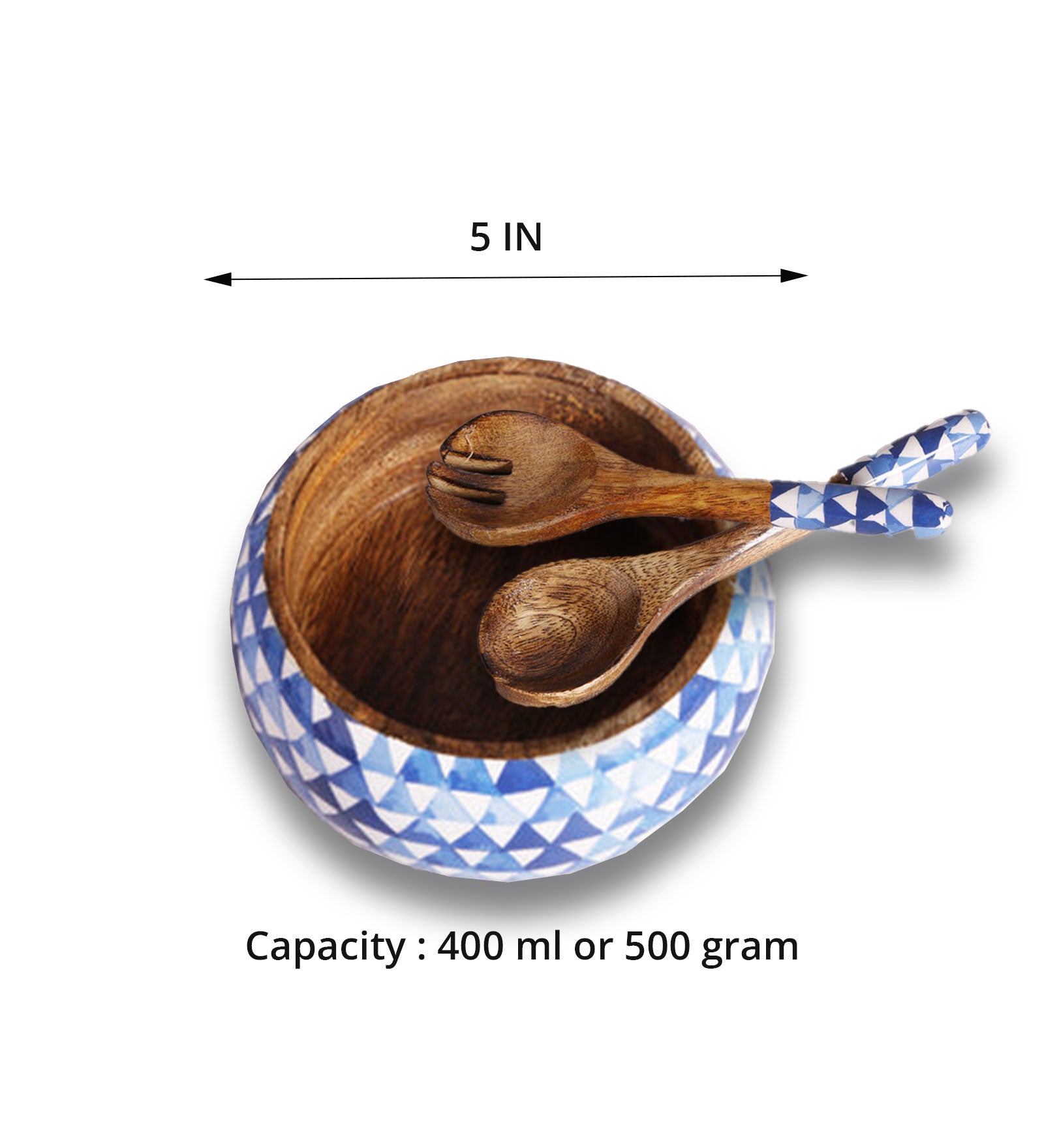 Triangle Maze Blue Mango Wood Salad Bowl With Server Set - 500 g | Peacoy