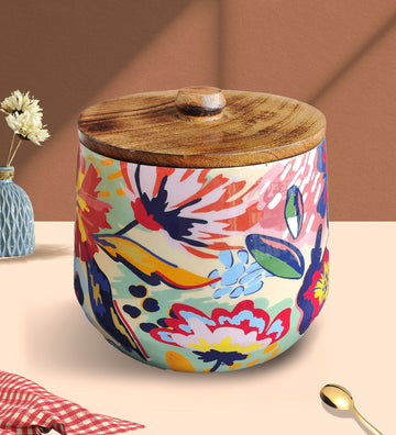 Abstract Floral Mango Wood Airtight Canister | Storage Jar
