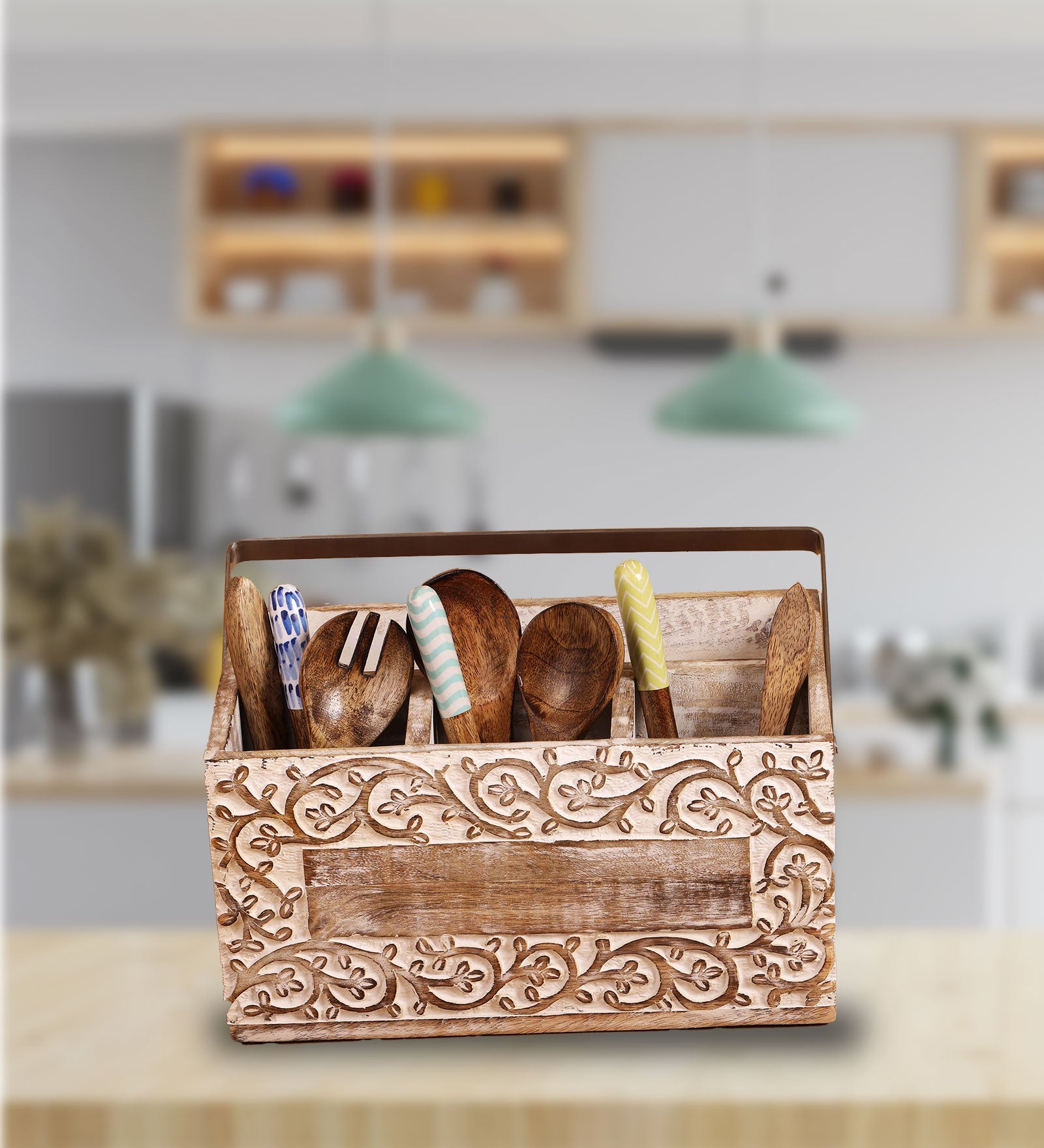 Mango Wood Artistic Handcrafted Multi Purpose Organizer - 12 x 8 x 6 inches | Peacoy