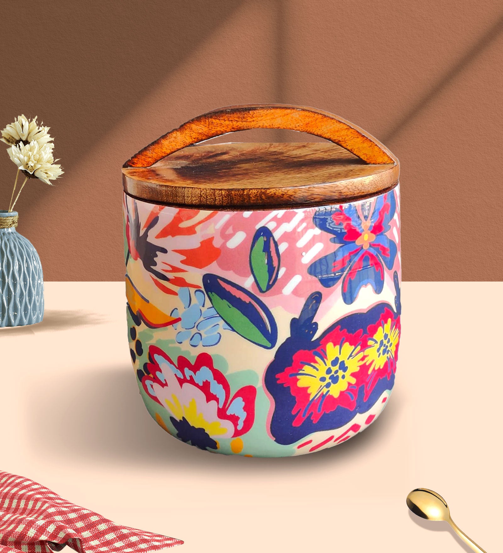 Abstract Floral Mango Wood Airtight Canister | Storage Jar