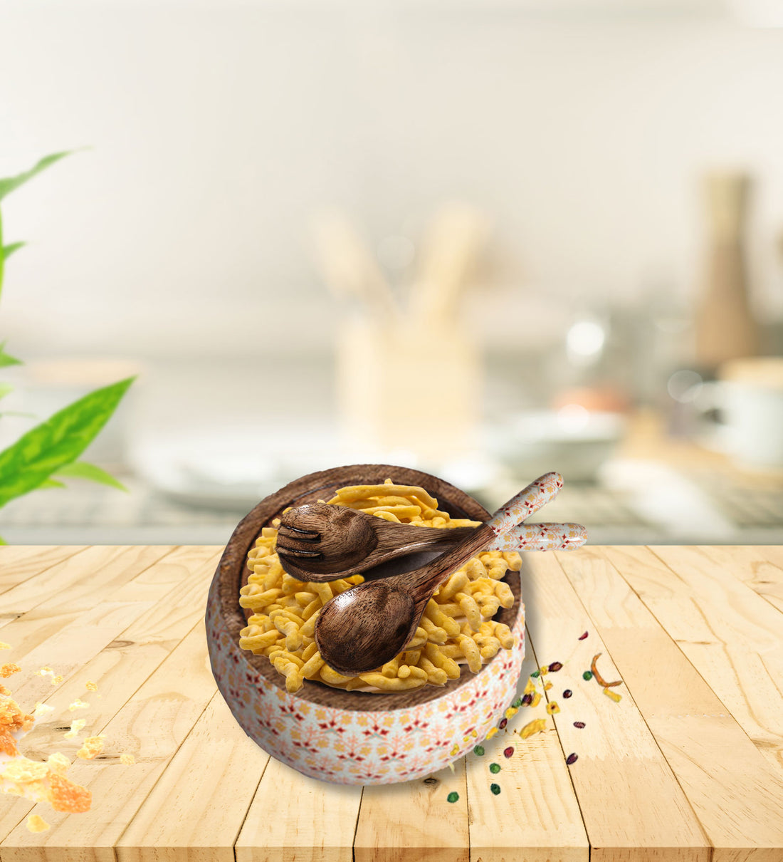 Artistic Florals Mango Wood Salad Bowl with Server Set - 500 g | Peacoy