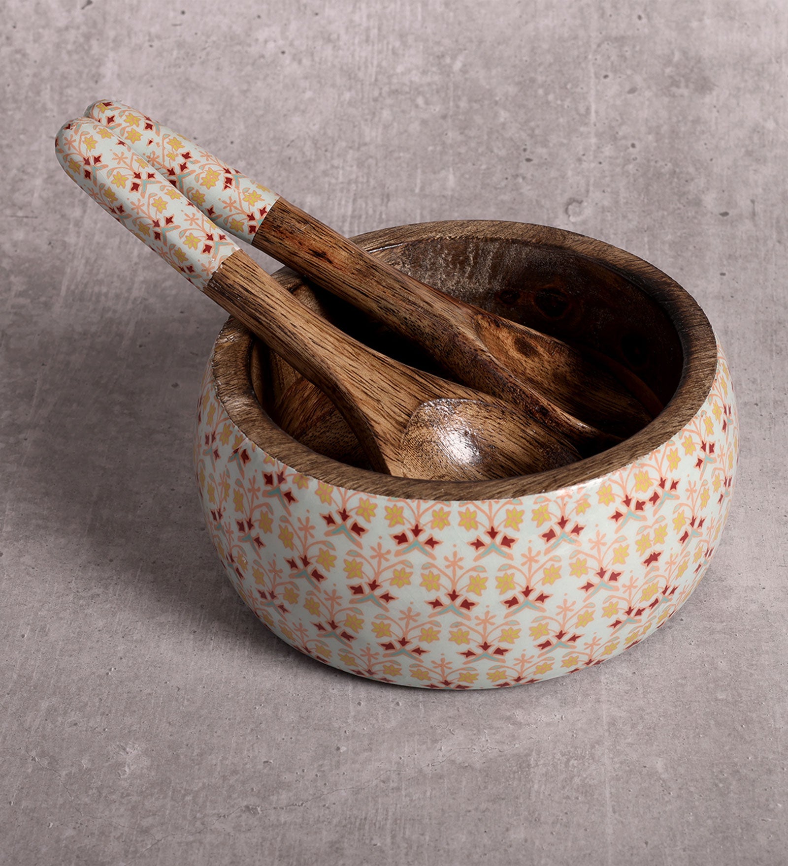 Artistic Florals Mango Wood Salad Bowl with Server Set - 500 g | Peacoy