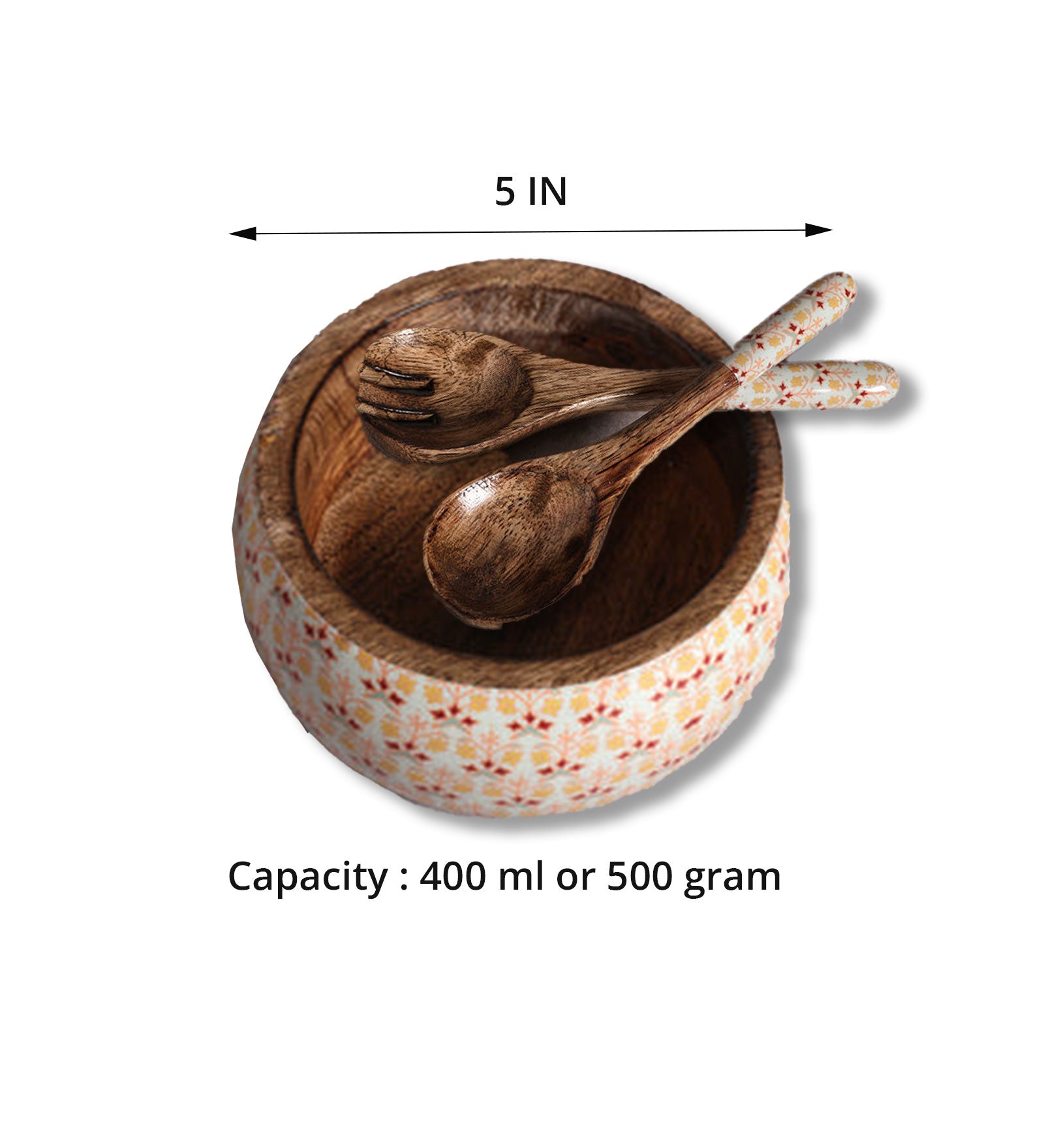 Artistic Florals Mango Wood Salad Bowl with Server Set - 500 g | Peacoy