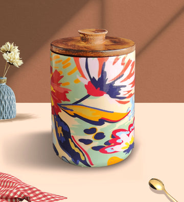 Abstract Floral Mango Wood Airtight Canister | Storage Jar