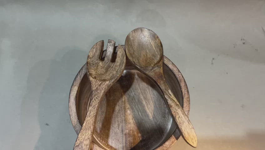 Mango Wood Carved Serving Bowl with Server Set
