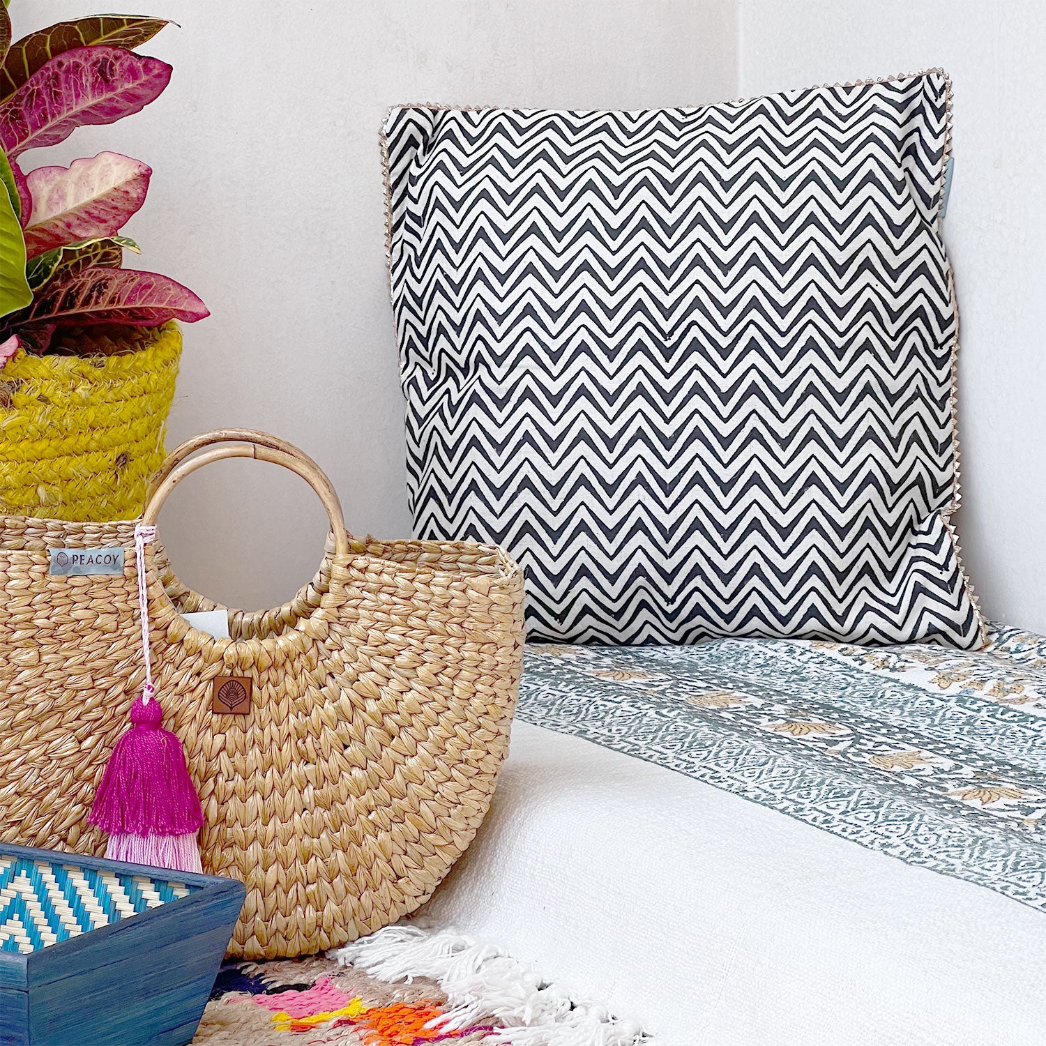 Zig-Zag Black & White Pure Cotton Cushion Cover - 16 x 16 inches