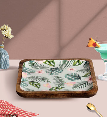 Tropical Vibes Square Mango Wood Platter With Enamel Finish - 10 x 10 inches | Peacoy