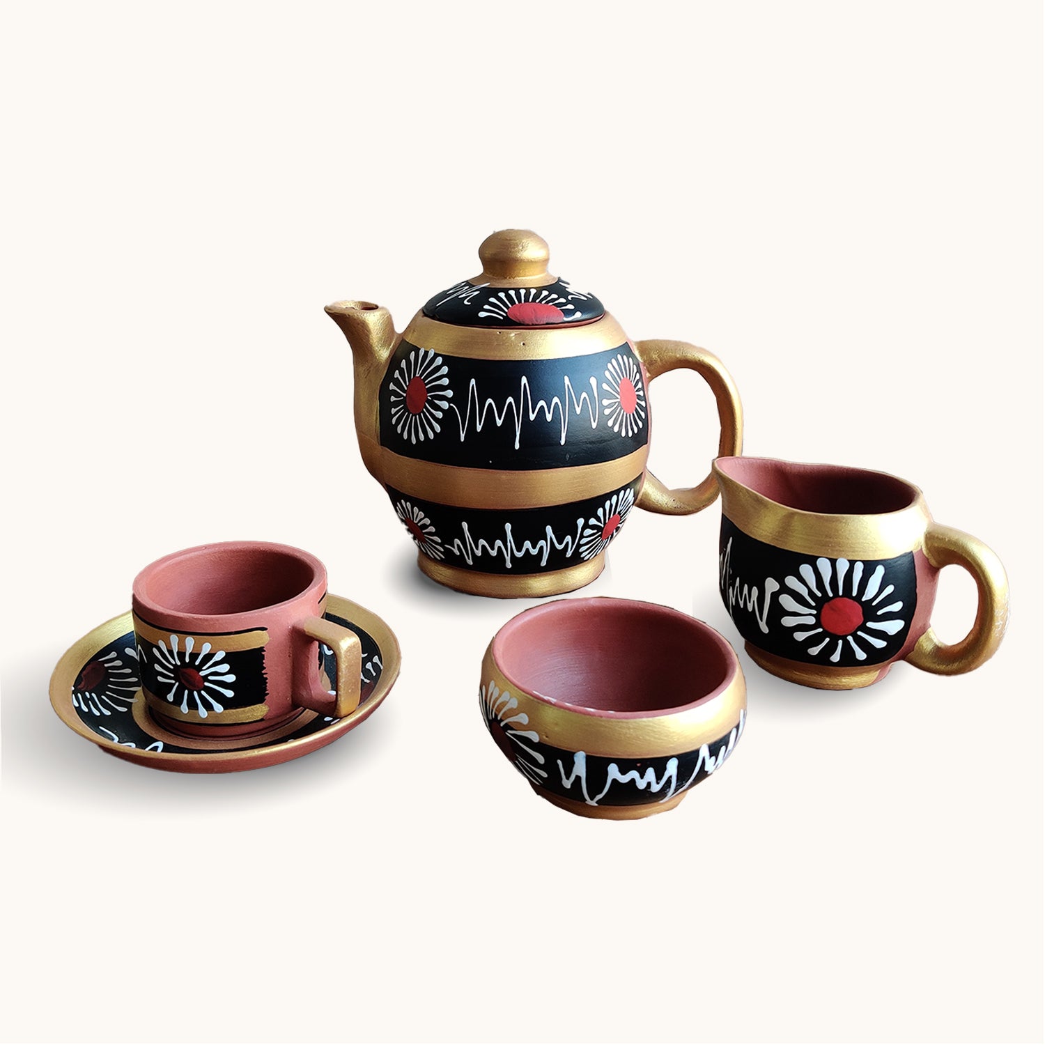 Black & Golden Handpainted Organic Terracotta Clay Tea Set - Set of 16 Pieces | Peacoy