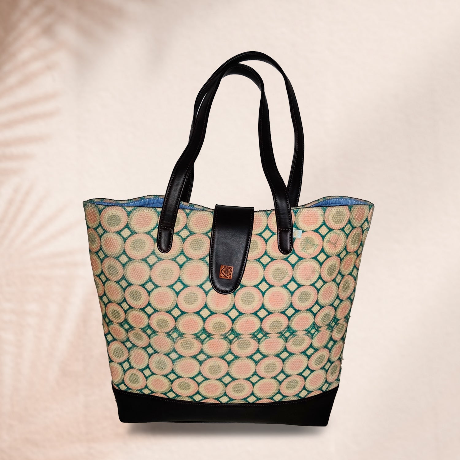 Sweet Love Pink & Green Circle Printed 100% Cotton Sustainable Hand Bag / Shoulder Bag  - 15 x 14 x 6 inches | Peacoy