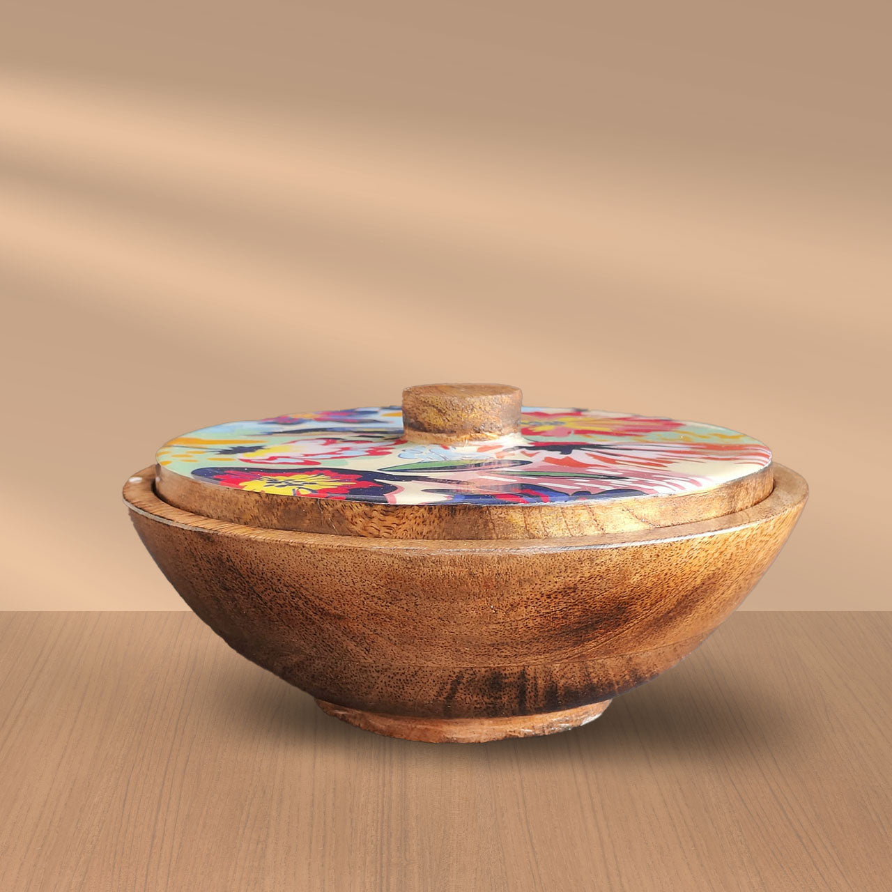 Abstract Floral Mango Wood Serving Bowl with Lid