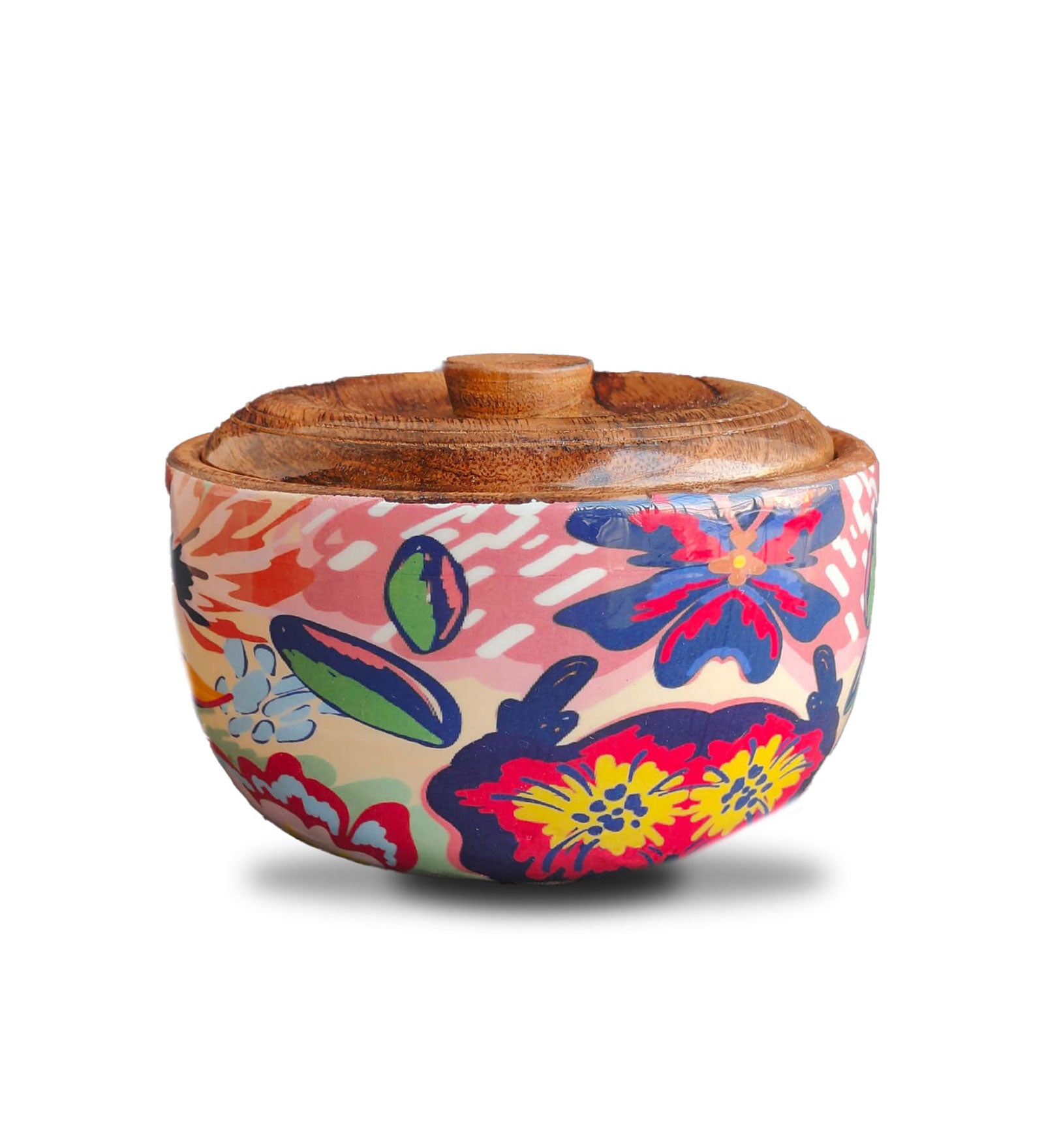 Abstract Floral Mango Wood Salad Bowl with Lid