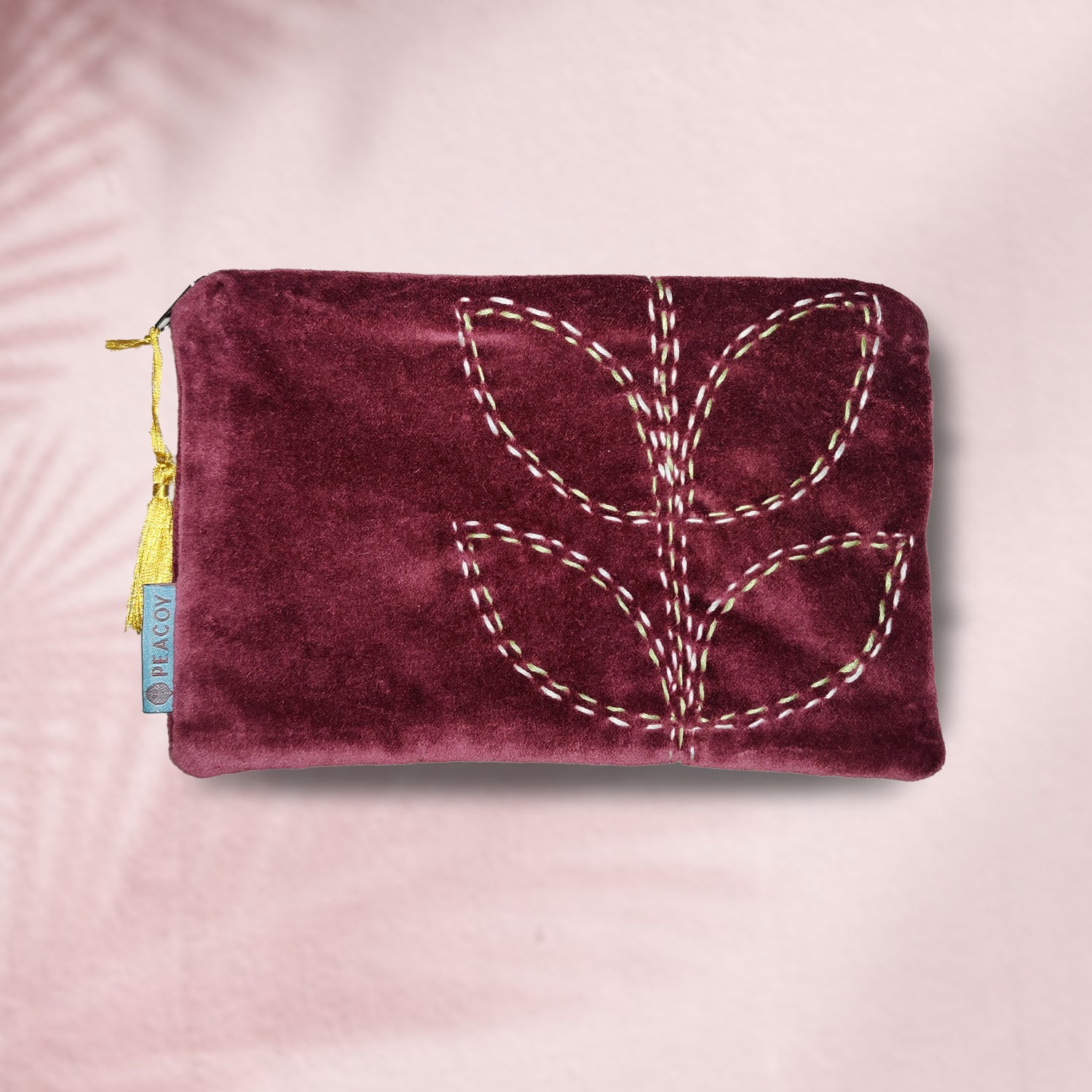 Kantha Leaves Maroon Velvet Multi-Utility & Multi-Purpose Pouch - 5.5 x 9 inches | Peacoy