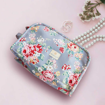 Blue Floral Essentials  Makeup Pouch, Cosmetic Bag Stylish Pouch for Makeup Accessories Travel Organiser Vanity Kit Stationery Toiletry Bag Make up Pouch for Girls and Women