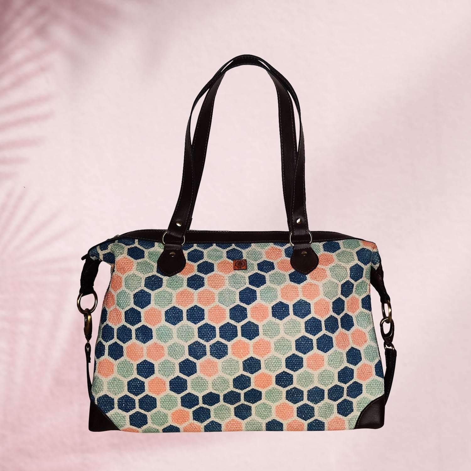 Style Goddess Honeycomb Printed Blue & Pink 100 % Cotton Sustainable Handbag / Shoulder Bag - 17 x 11 x 6 inches | Peacoy