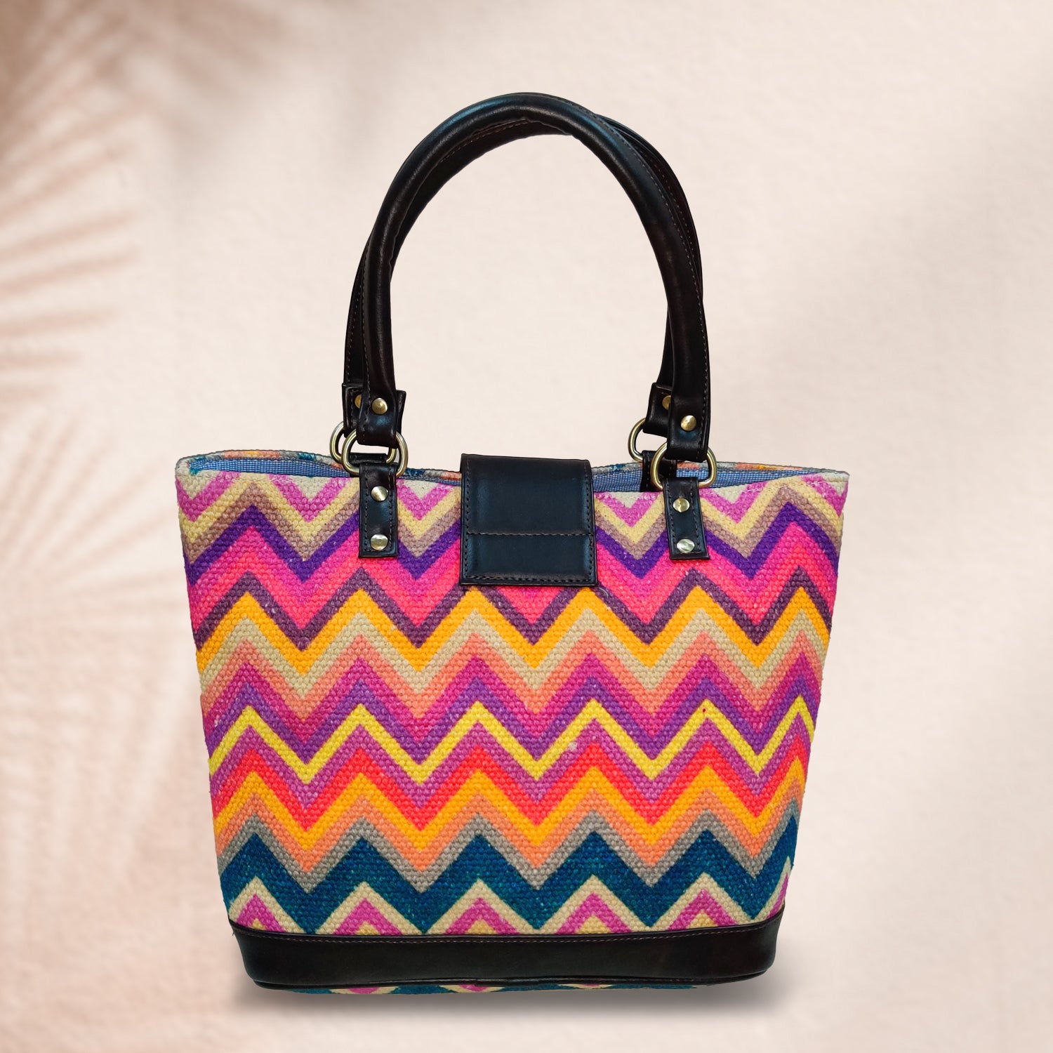 Vibrant Zigzags Multicolor 100 % Cotton Sustainable Hand Bag / Shoulder Bag  - 14 x 11 x 4 inches | Peacoy