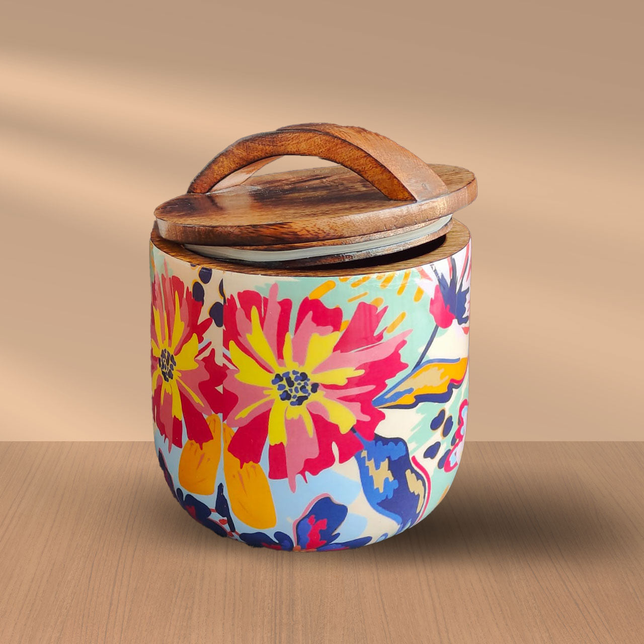 Abstract Floral Mango Wood Airtight Canister | Storage Jar