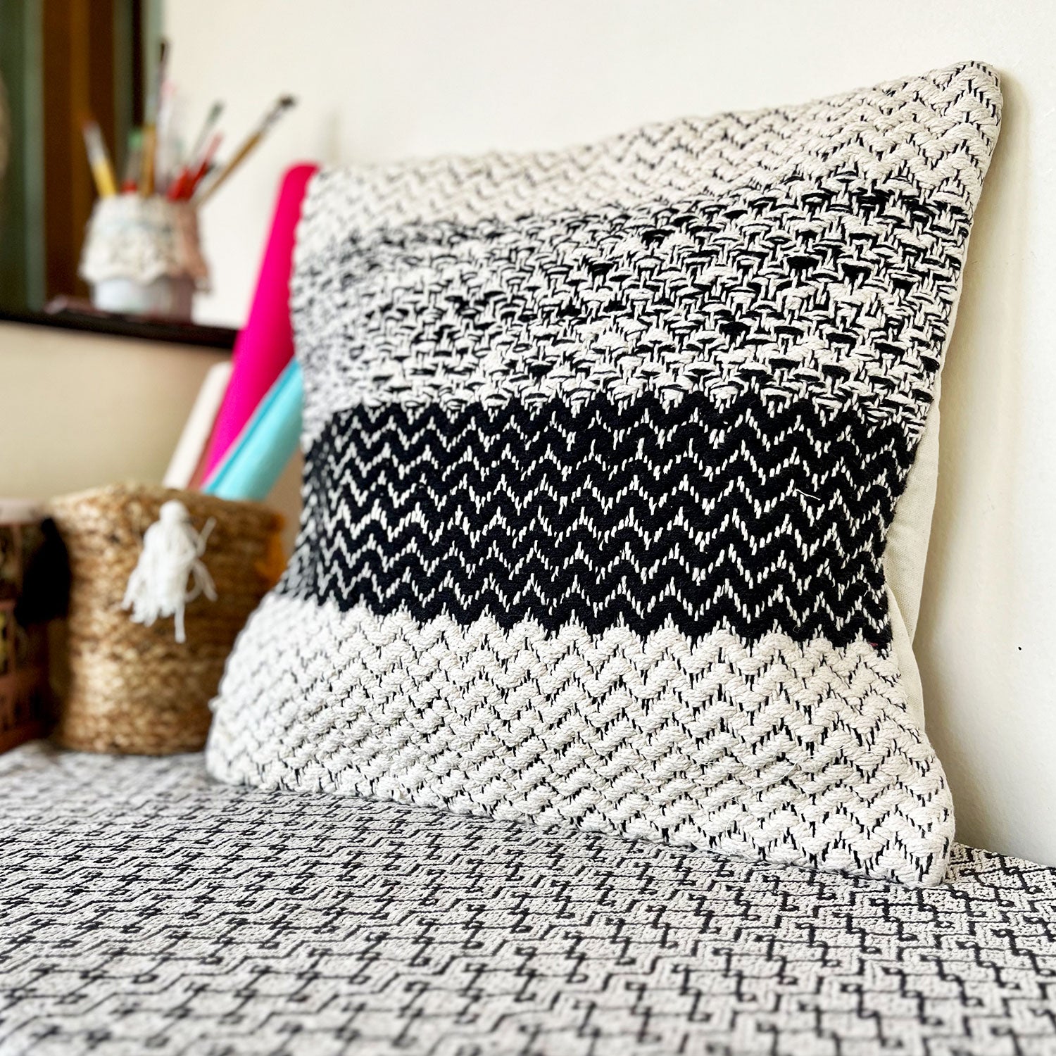 White & Black Elegant Cotton Cushion Cover - 20 x 20 inches