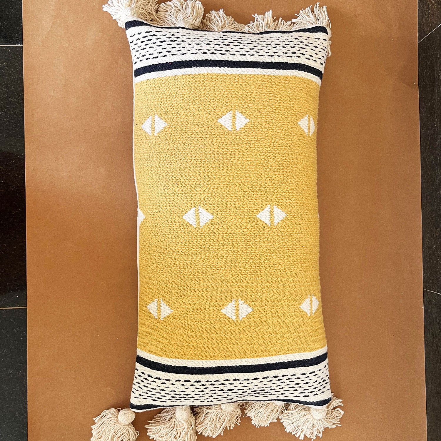 Mustard Pure Cotton Lumber pillow Cover with Bushy Cotton Tassels - 26 x 14 inches