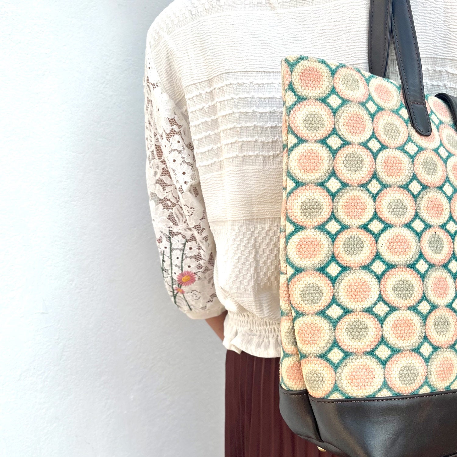 Sweet Love Pink & Green Circle Printed 100% Cotton Sustainable Hand Bag / Shoulder Bag  - 15 x 14 x 6 inches | Peacoy