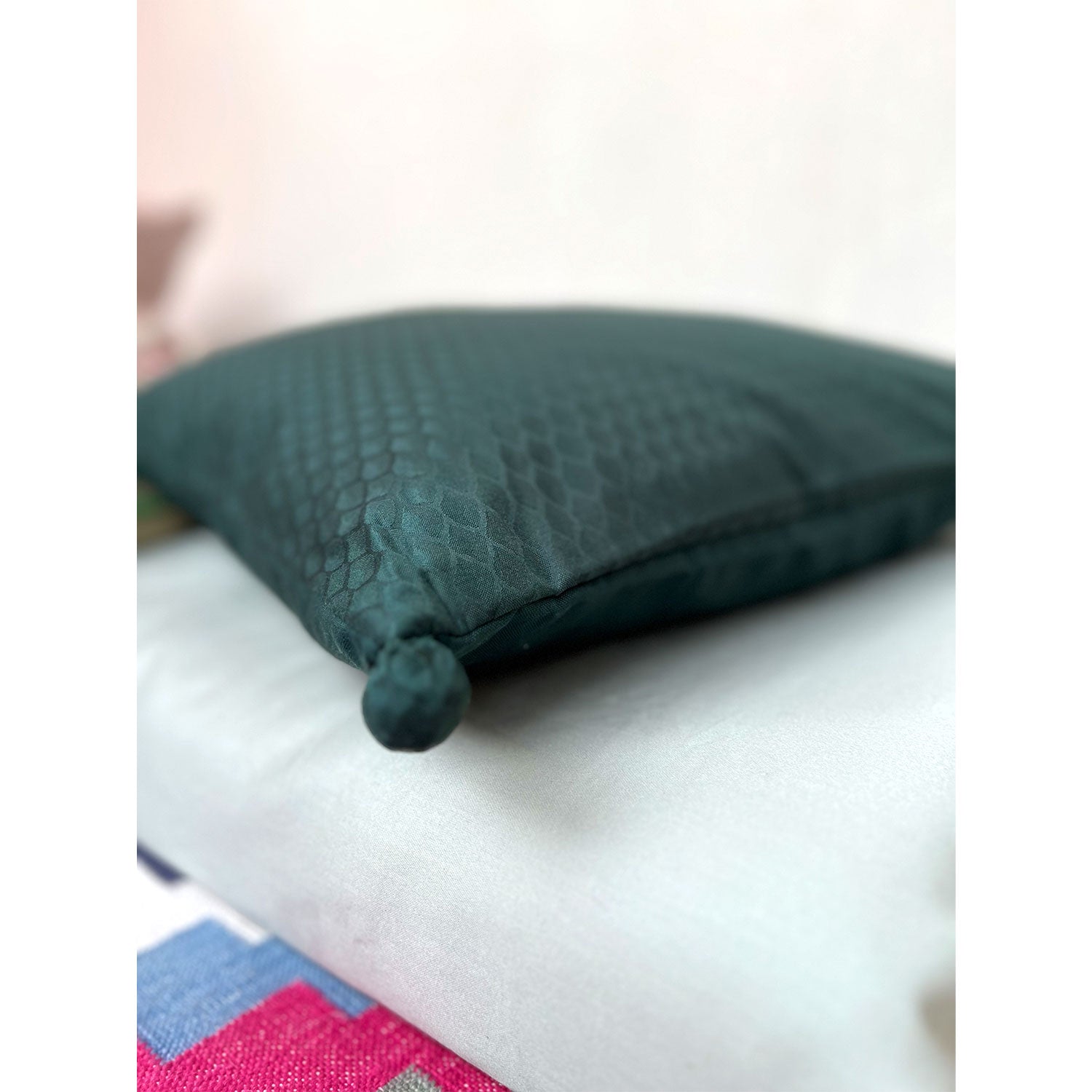 Stylish Green Cushion Cover - 16 x 16 inches | Heavy Silk Polyester with Pure Casement Cotton Back with Zipper