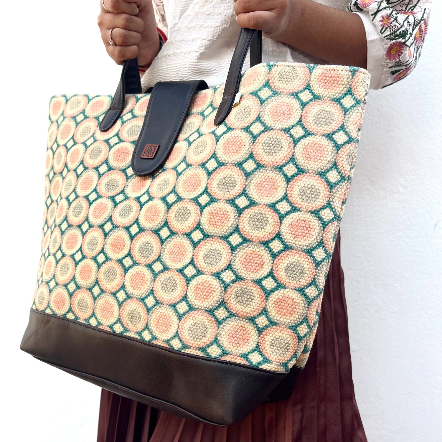 Sweet Love Pink & Green Circle Printed 100% Cotton Sustainable Hand Bag / Shoulder Bag  - 15 x 14 x 6 inches | Peacoy