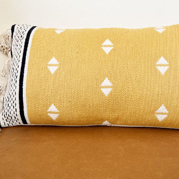 Mustard Pure Cotton Lumber pillow Cover with Bushy Cotton Tassels - 26 x 14 inches