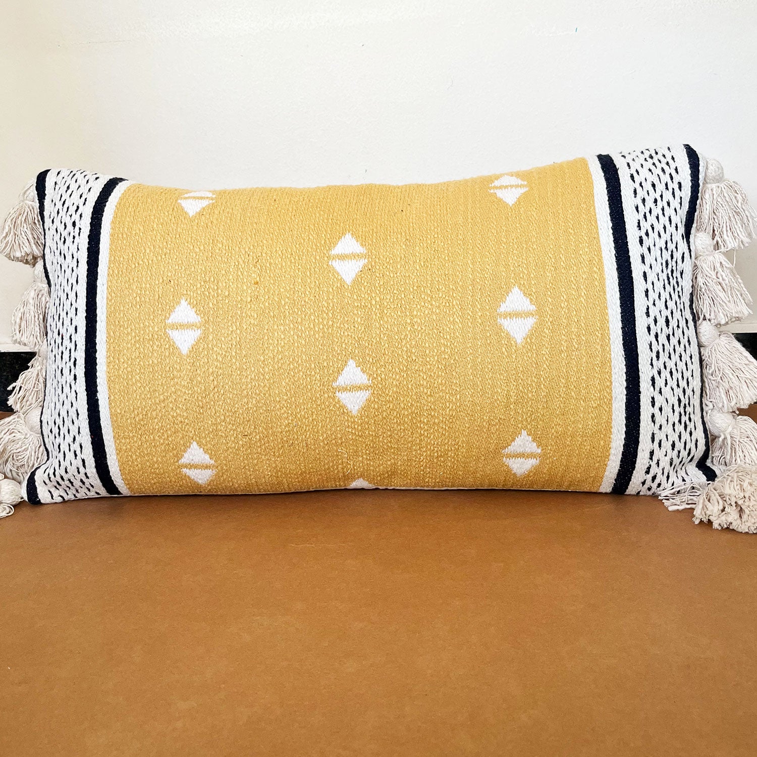 Mustard Pure Cotton Lumber pillow Cover with Bushy Cotton Tassels - 26 x 14 inches