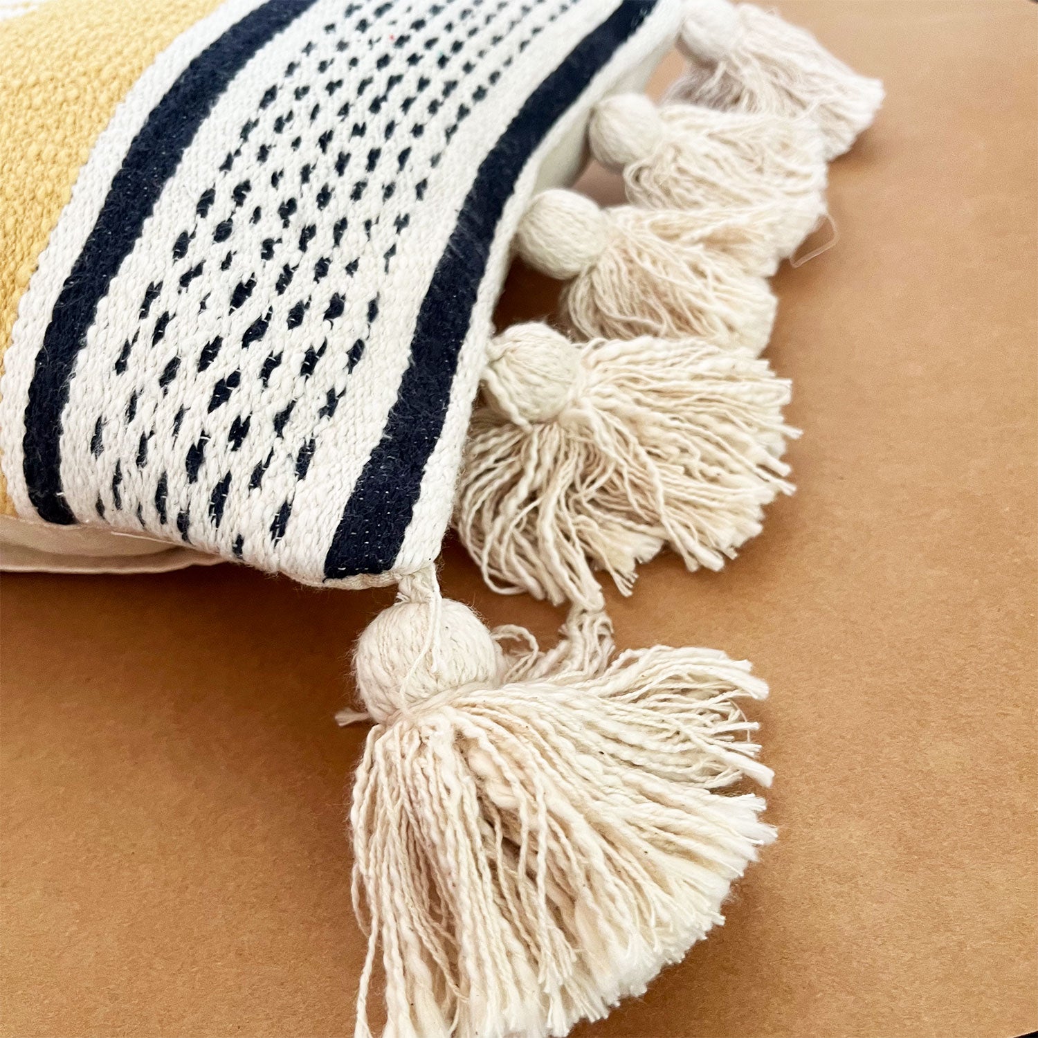 Mustard Pure Cotton Lumber pillow Cover with Bushy Cotton Tassels - 26 x 14 inches