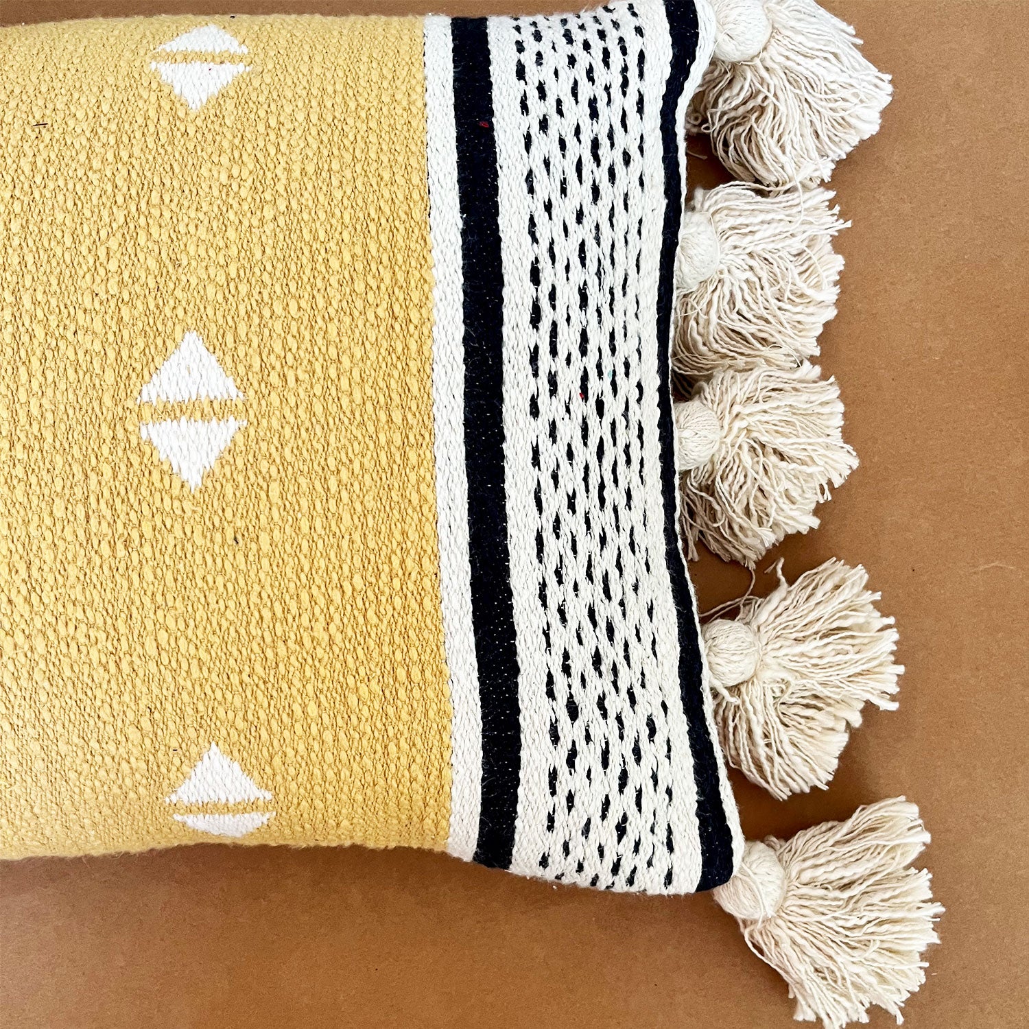 Mustard Pure Cotton Lumber pillow Cover with Bushy Cotton Tassels - 26 x 14 inches