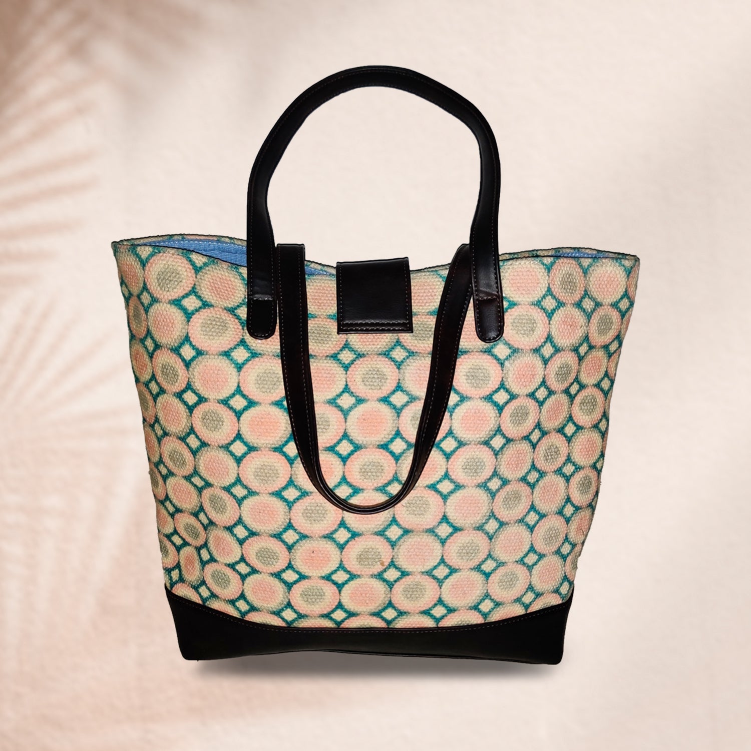 Sweet Love Pink & Green Circle Printed 100% Cotton Sustainable Hand Bag / Shoulder Bag  - 15 x 14 x 6 inches | Peacoy