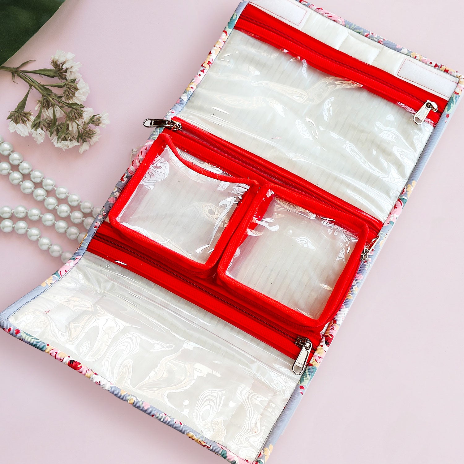 Foldable Makeup Jewellery Kit Organizer Locker Box Organizer Pouch for Necklaces Earring Ring Cosmetic Travel Storage Case for Women Girls Blue