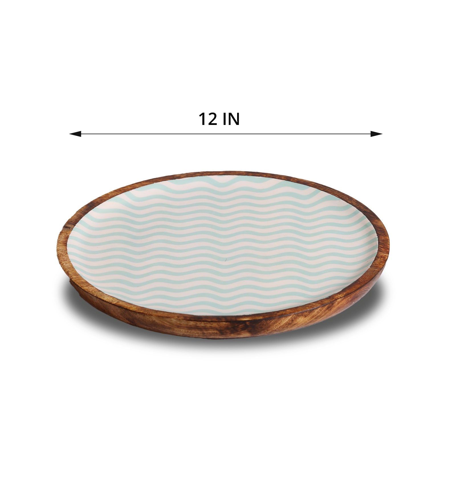 Gentle Waves Sea Green Round Mango Wood Platter With Enamel Finish | Peacoy
