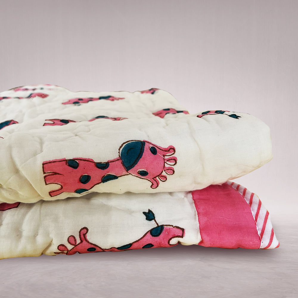 Hello Cuteness White and Pink Giraffe Reversible Printed Quilt - 60 inches x 40 inches