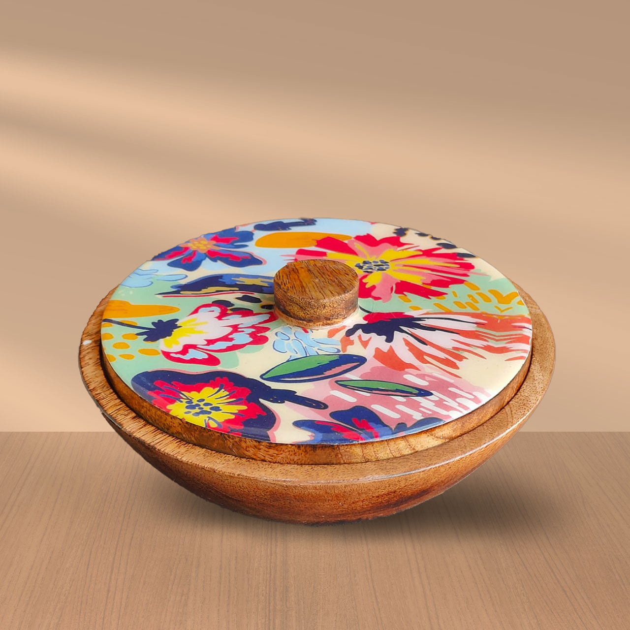 Abstract Floral Mango Wood Serving Bowl with Lid