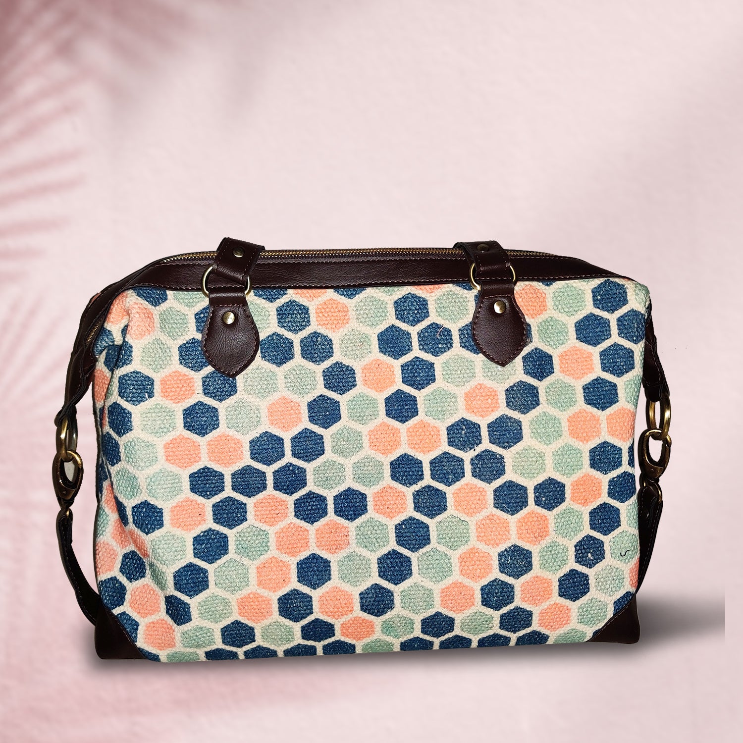 Style Goddess Honeycomb Printed Blue & Pink 100 % Cotton Sustainable Handbag / Shoulder Bag - 17 x 11 x 6 inches | Peacoy