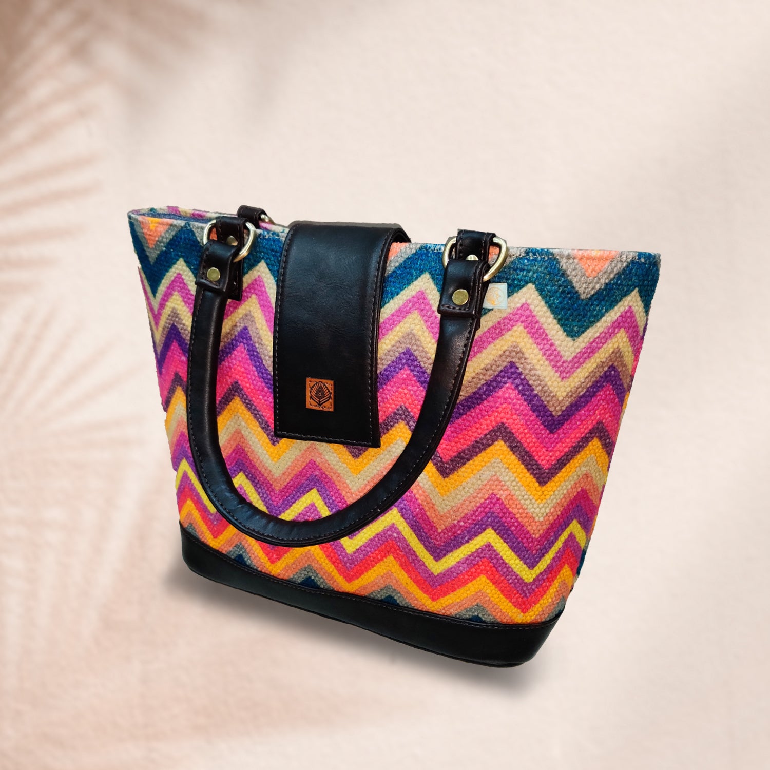 Vibrant Zigzags Multicolor 100 % Cotton Sustainable Hand Bag / Shoulder Bag  - 14 x 11 x 4 inches | Peacoy