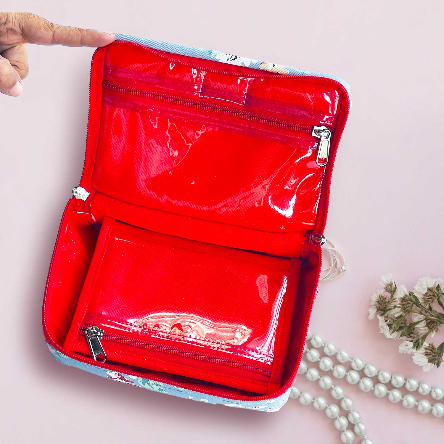 Blue floral rectangle Jewellery pouch | Peacoy