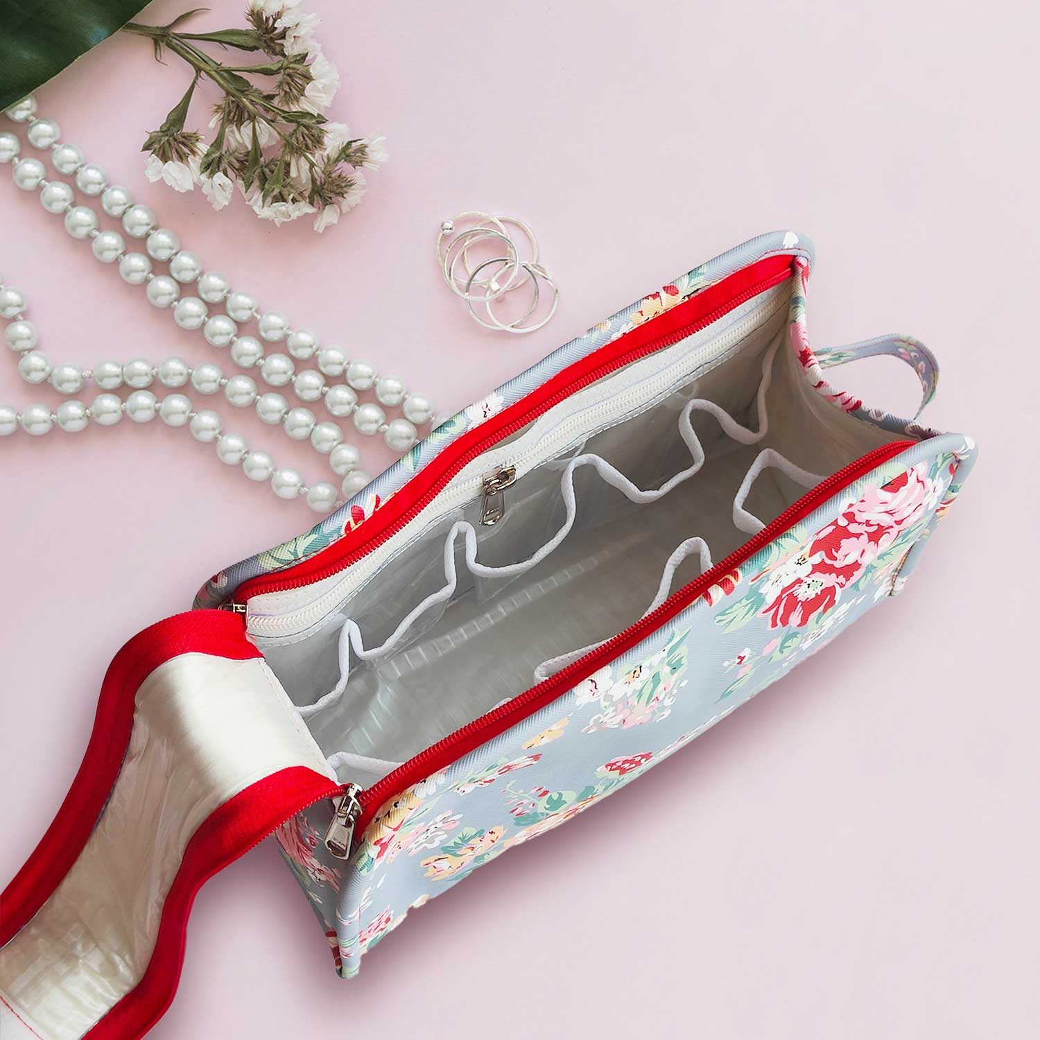 Blue Floral Essentials  Makeup Pouch, Cosmetic Bag Stylish Pouch for Makeup Accessories Travel Organiser Vanity Kit Stationery Toiletry Bag Make up Pouch for Girls and Women