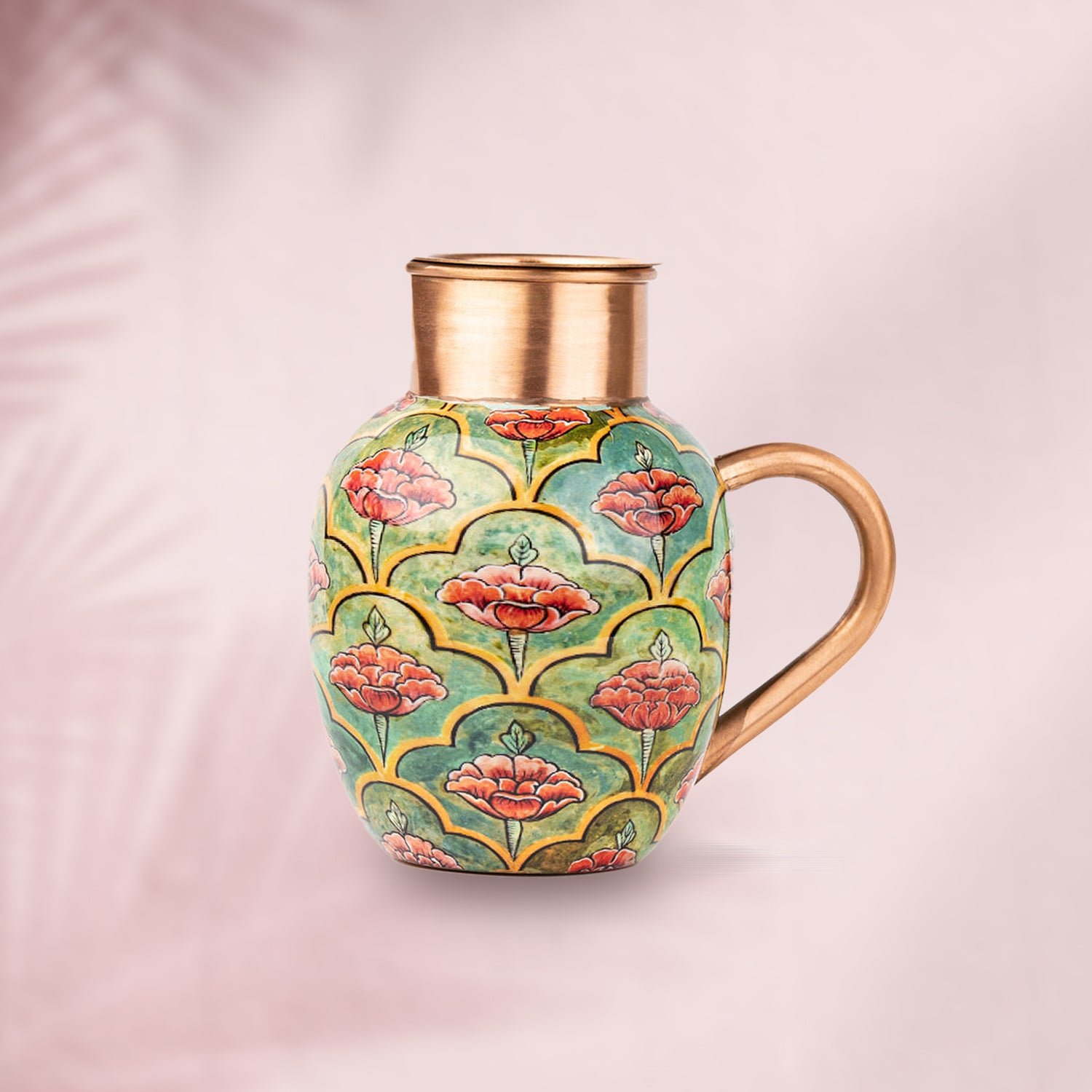 Green & Red Floral 100% Pure Copper Jug with Glass - 1500 ml
