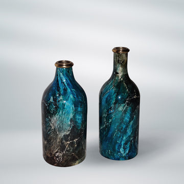 Aqua Blue Marble Look Metal Flask Vase (Set of 2 Pieces)