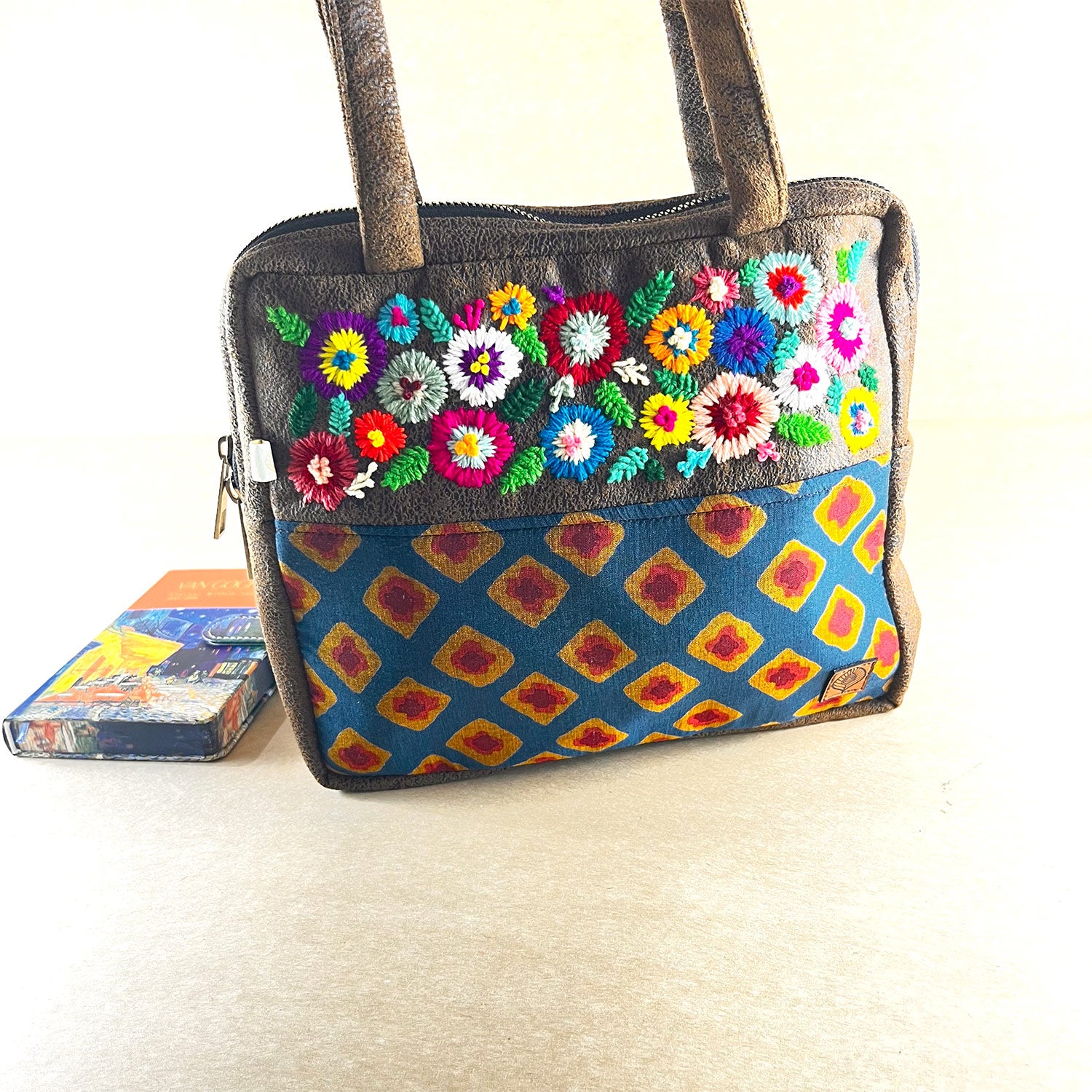 Fresh Dazzle Suede Leather Finish Floral Embroidery Handbag / Shoulder Bag - 8 x 10 x 11 inches | Peacoy