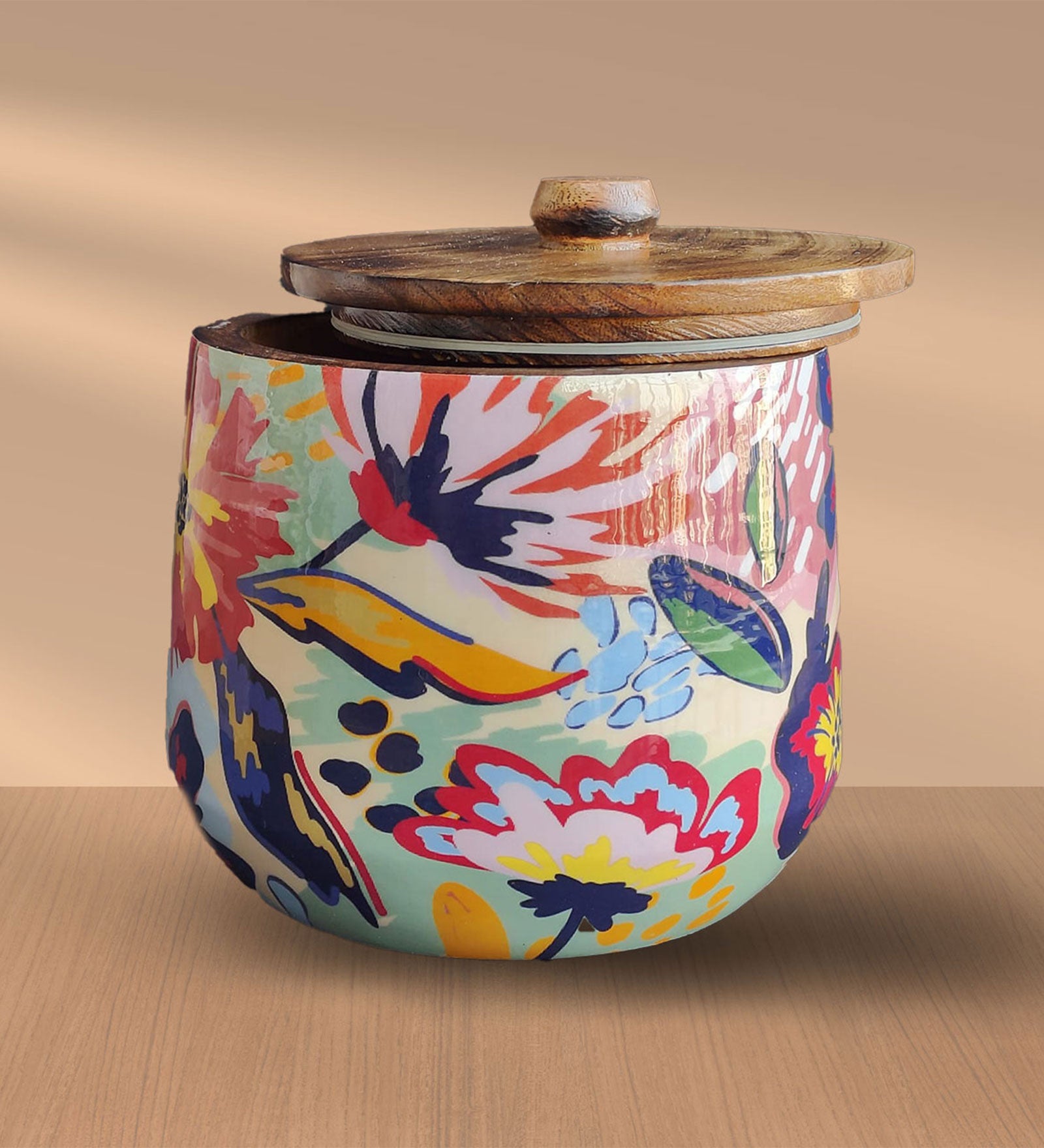 Abstract Floral Mango Wood Airtight Canister | Storage Jar
