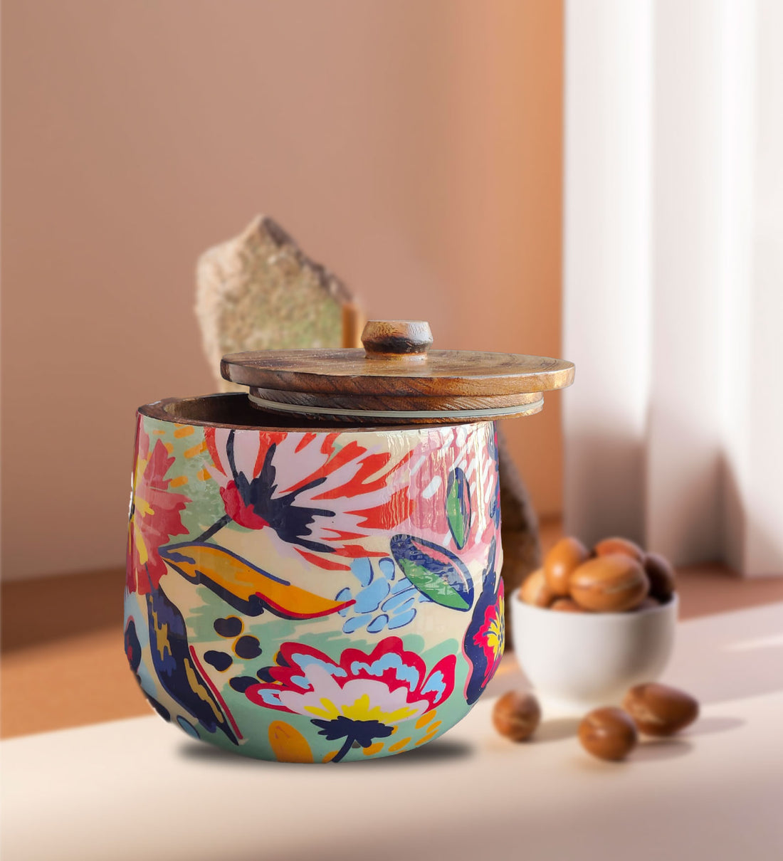 Abstract Floral Mango Wood Airtight Canister | Storage Jar